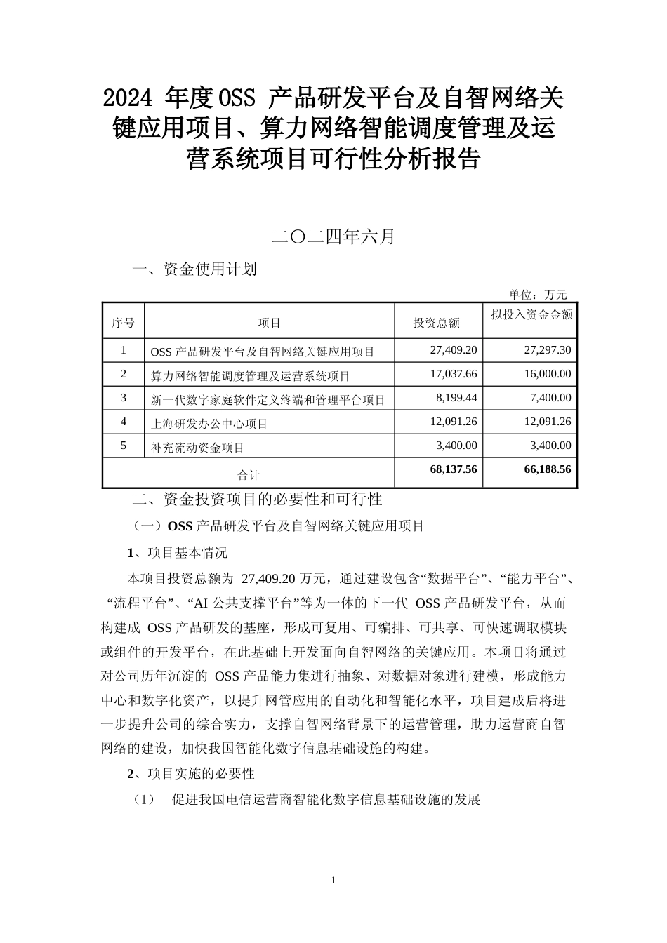 2024 年度OSS 产品研发平台及自智网络关键应用项目、算力网络智能调度管理及运营系统项目可行性分析报告_第1页