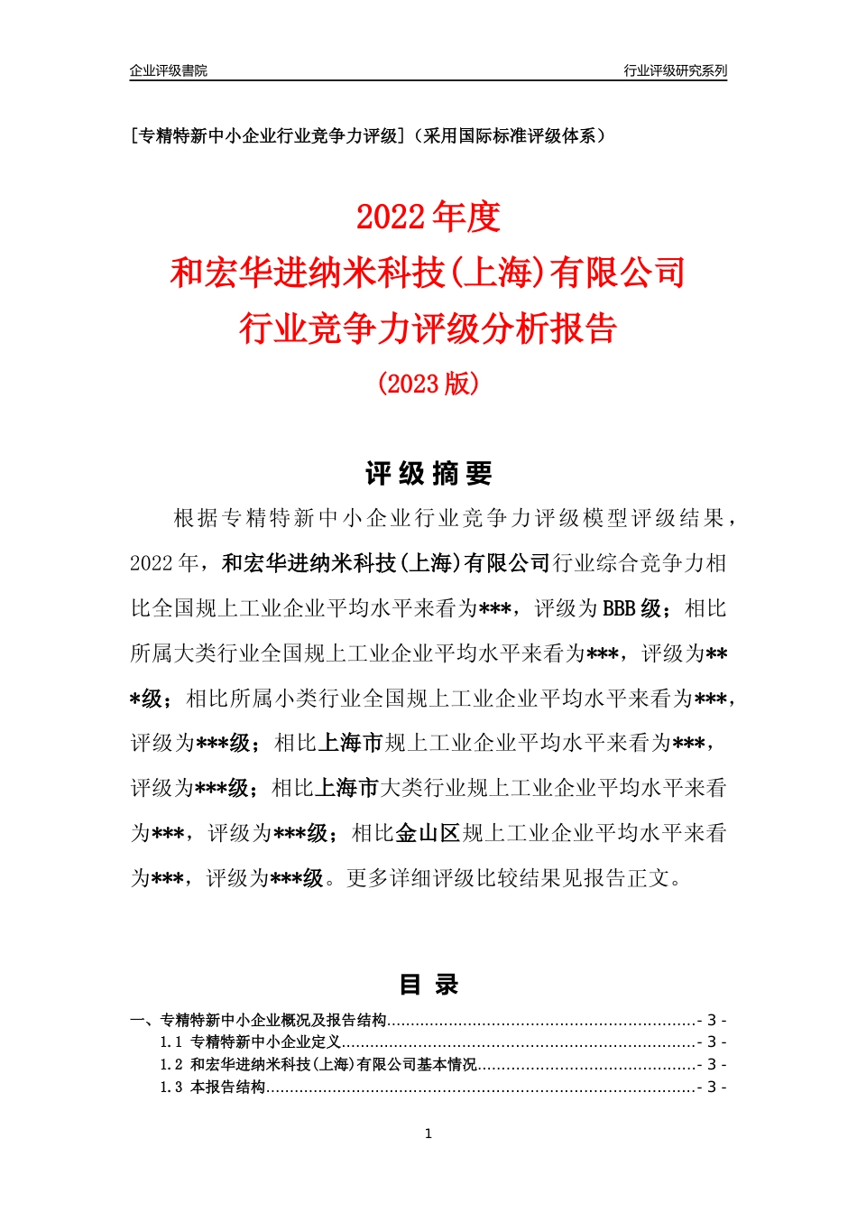 [专精特新]2022年和宏华进纳米科技(上海)有限公司行业竞争力评级分析报告(2023版)_第1页