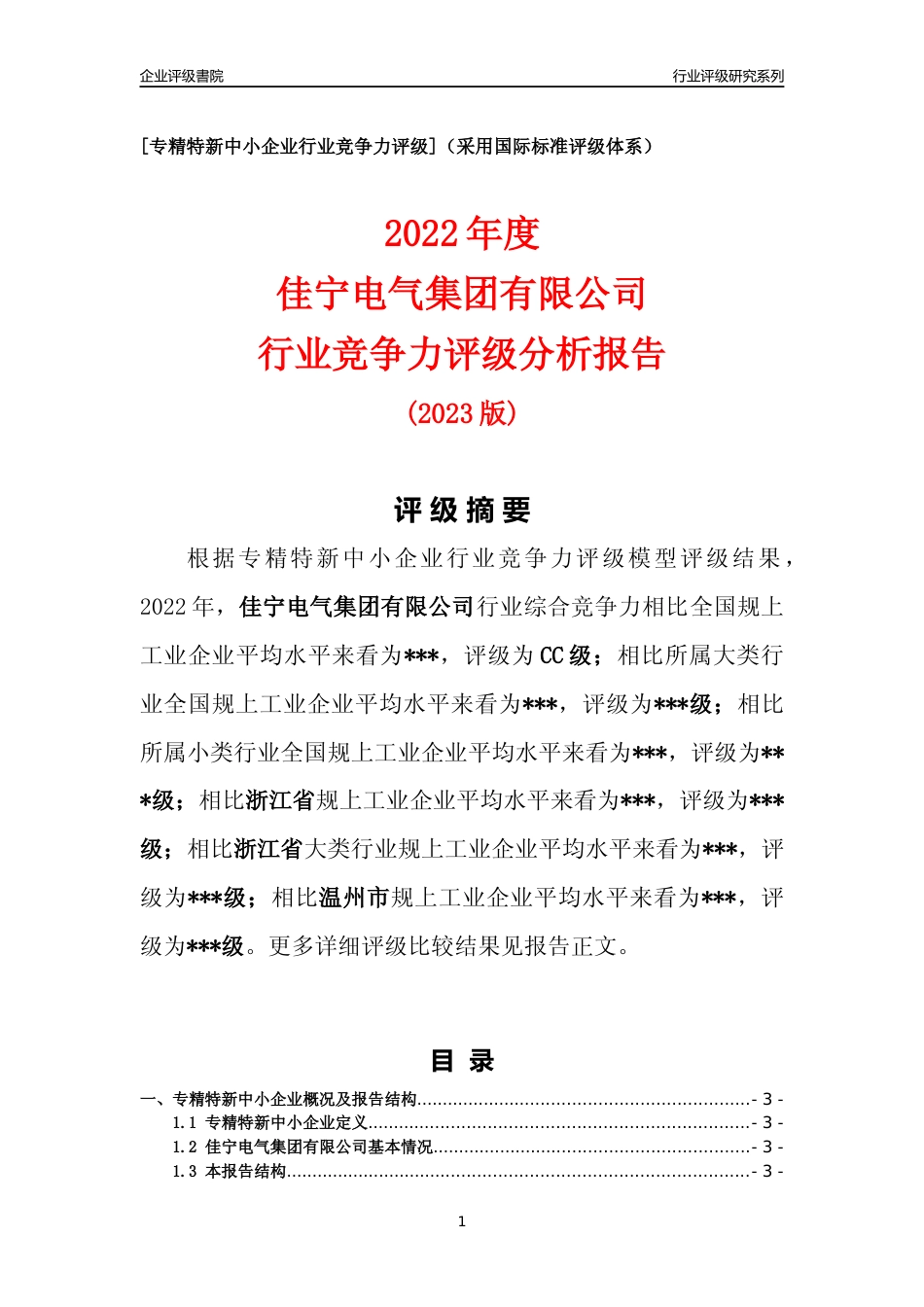 [专精特新]2022年佳宁电气集团有限公司行业竞争力评级分析报告(2023版)_第1页