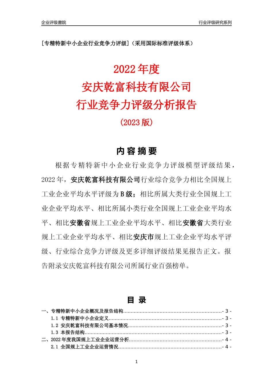 [专精特新]安庆乾富科技有限公司行业竞争力评级分析报告(2023版)_第1页