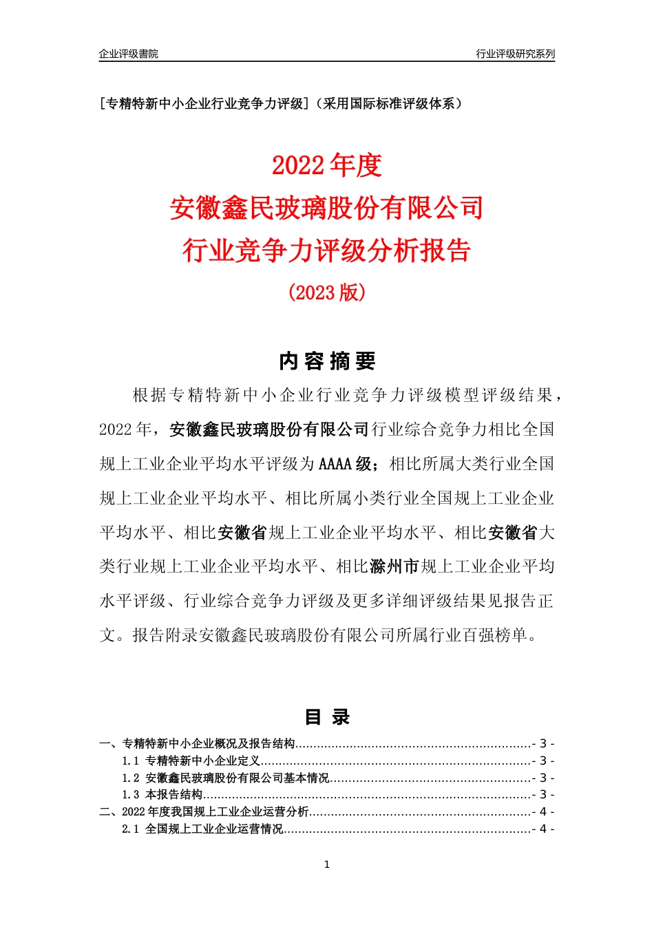 [专精特新]安徽鑫民玻璃股份有限公司行业竞争力评级分析报告(2023版)_第1页