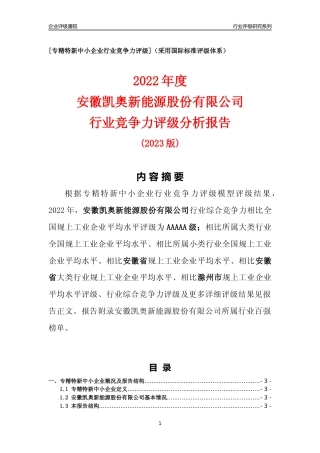 [专精特新]安徽凯奥新能源股份有限公司行业竞争力评级分析报告(2023版)