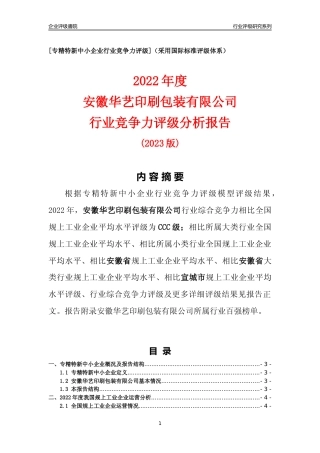 [专精特新]安徽华艺印刷包装有限公司行业竞争力评级分析报告(2023版)