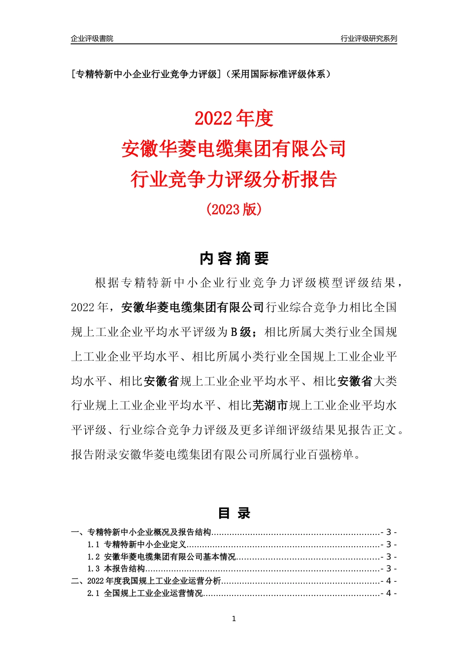 [专精特新]安徽华菱电缆集团有限公司行业竞争力评级分析报告(2023版)_第1页