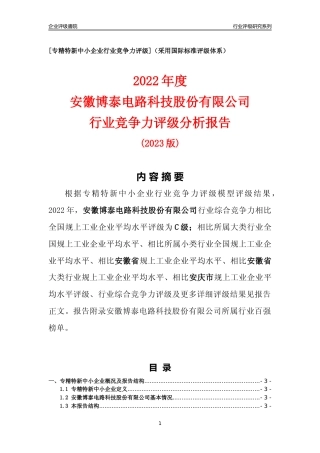 [专精特新]安徽博泰电路科技股份有限公司行业竞争力评级分析报告(2023版)