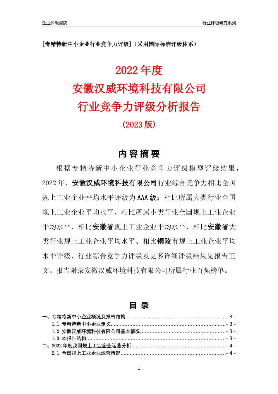 [专精特新]安徽汉威环境科技有限公司行业竞争力评级分析报告(2023版)_第1页