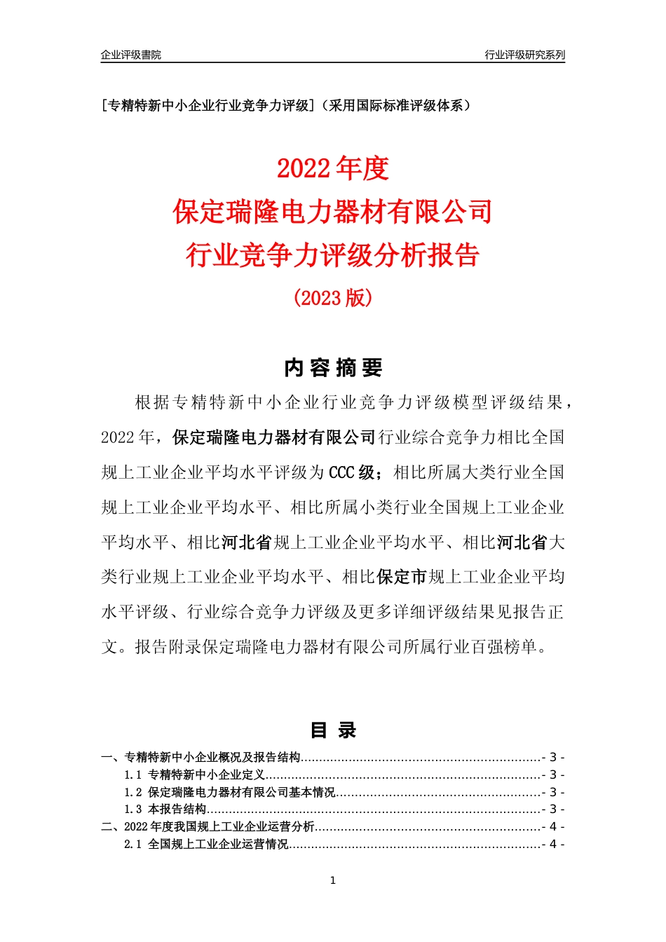 [专精特新]保定瑞隆电力器材有限公司行业竞争力评级分析报告(2023版)_第1页