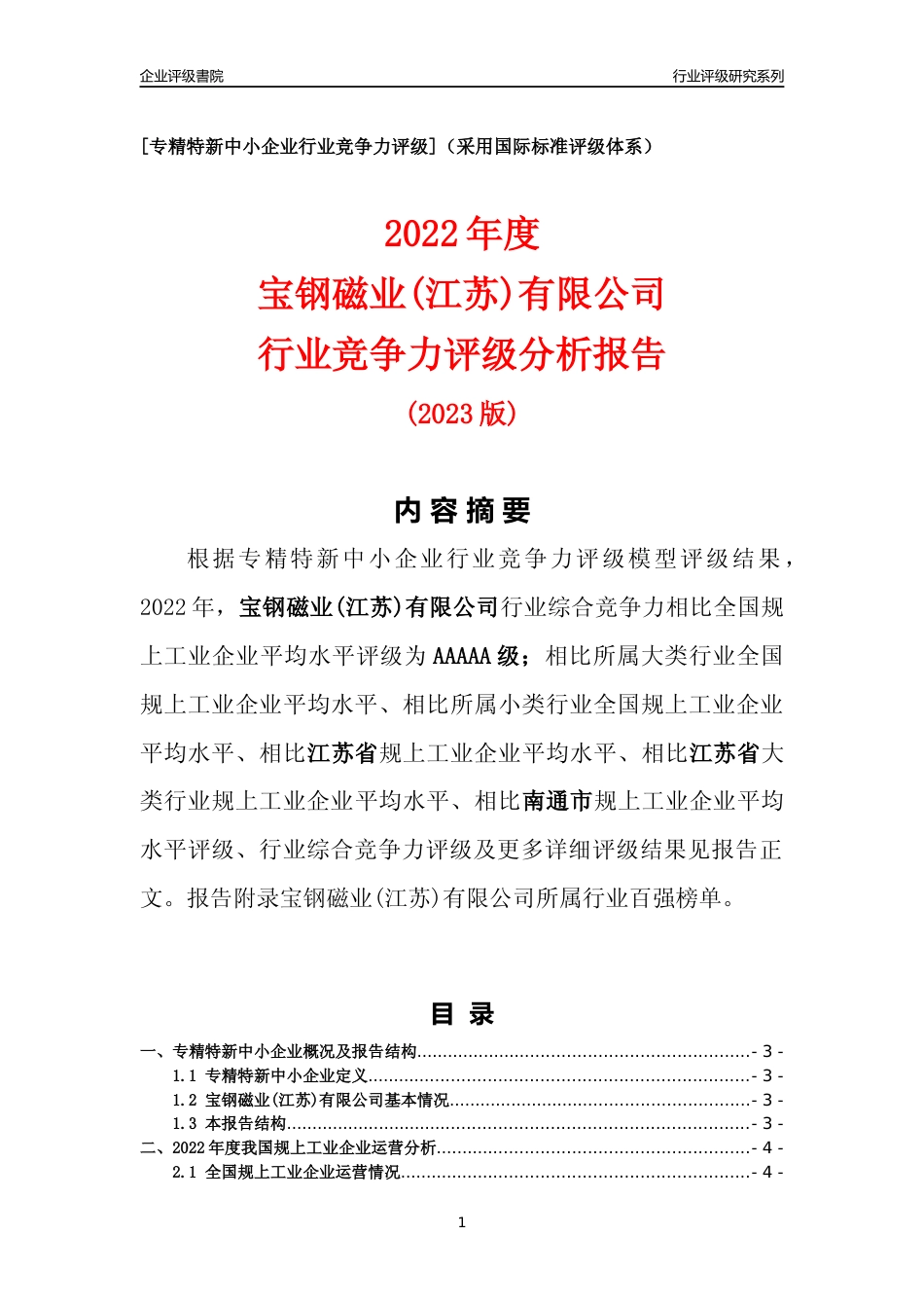 [专精特新]宝钢磁业(江苏)有限公司行业竞争力评级分析报告(2023版)_第1页