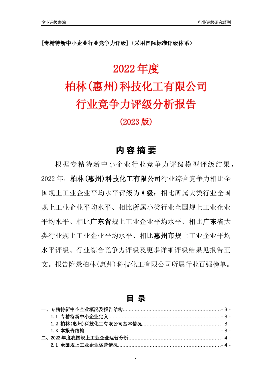 [专精特新]柏林(惠州)科技化工有限公司行业竞争力评级分析报告(2023版)_第1页