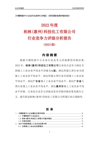 [专精特新]柏林(惠州)科技化工有限公司行业竞争力评级分析报告(2023版)