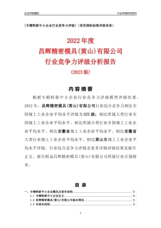 [专精特新]昌辉精密模具(黄山)有限公司行业竞争力评级分析报告(2023版)