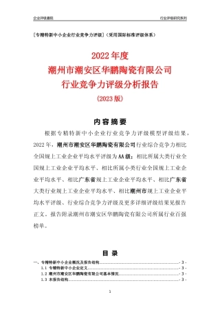 [专精特新]潮州市潮安区华鹏陶瓷有限公司行业竞争力评级分析报告(2023版)