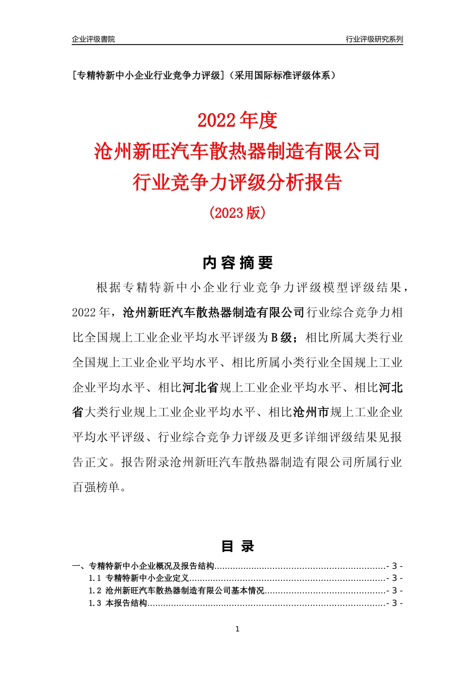[专精特新]沧州新旺汽车散热器制造有限公司行业竞争力评级分析报告(2023版)_第1页