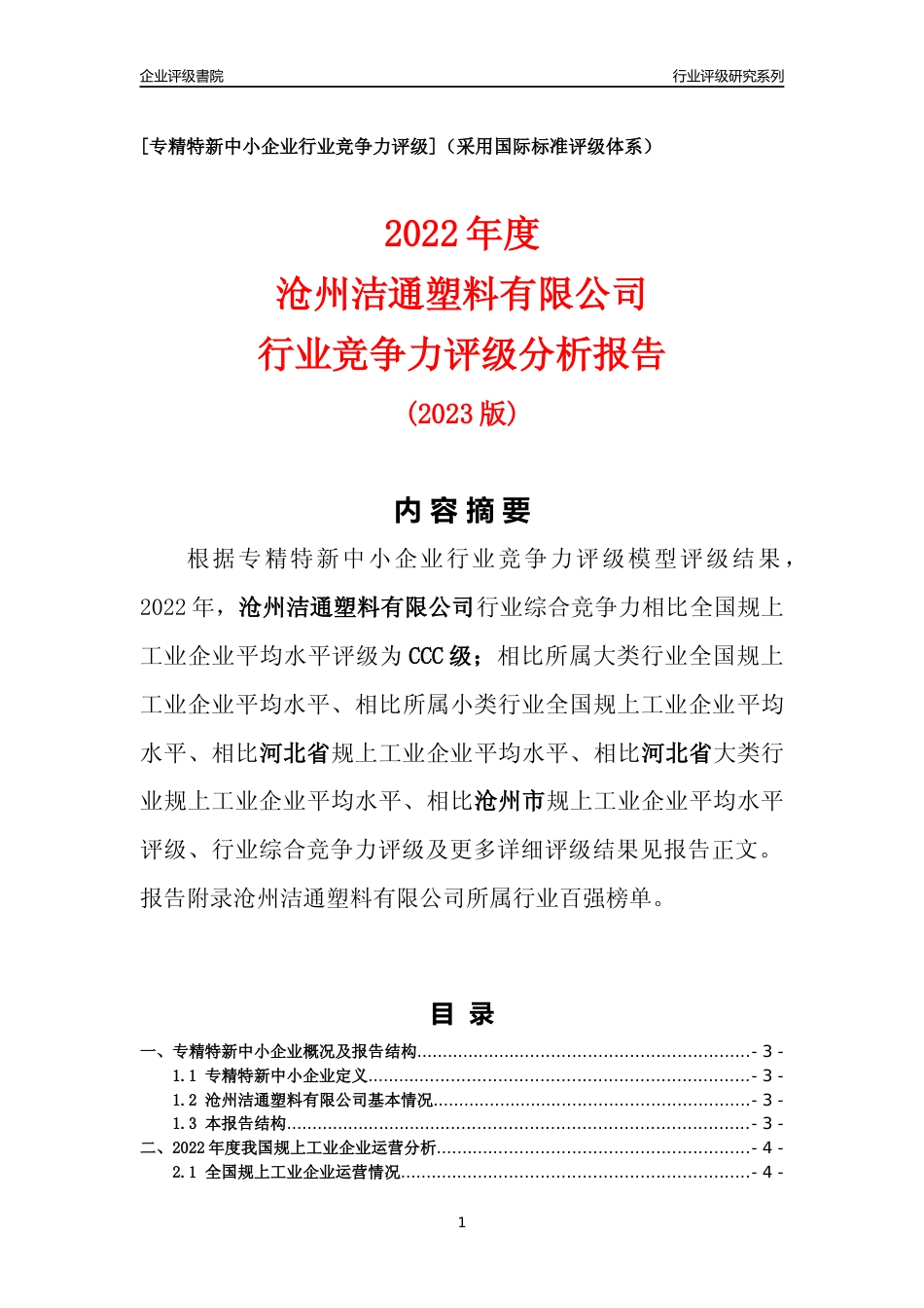 [专精特新]沧州洁通塑料有限公司行业竞争力评级分析报告(2023版)_第1页