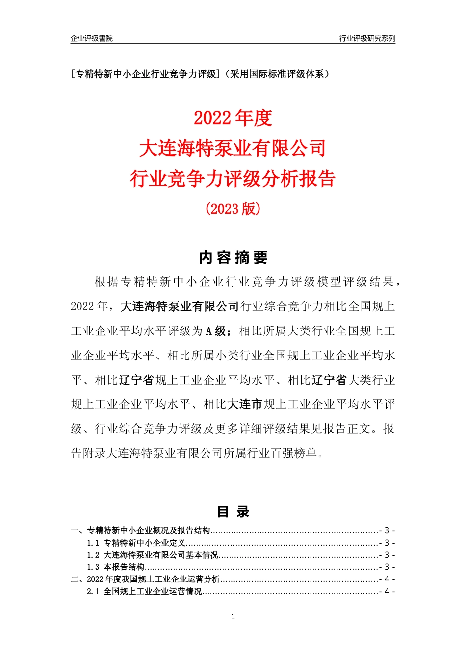 [专精特新]大连海特泵业有限公司行业竞争力评级分析报告(2023版)_第1页