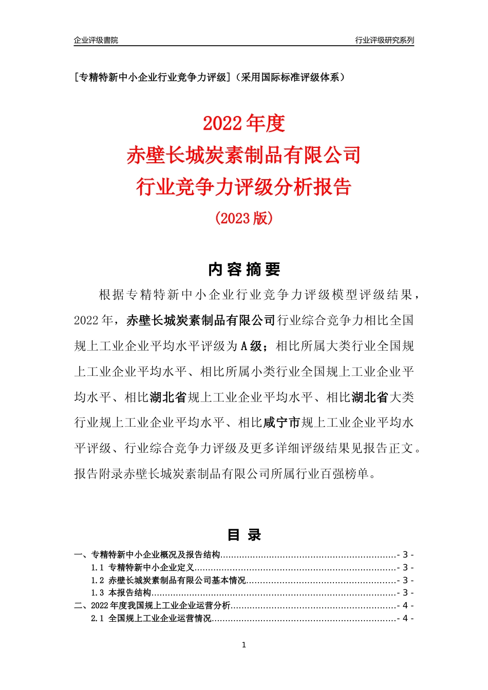 [专精特新]赤壁长城炭素制品有限公司行业竞争力评级分析报告(2023版)_第1页