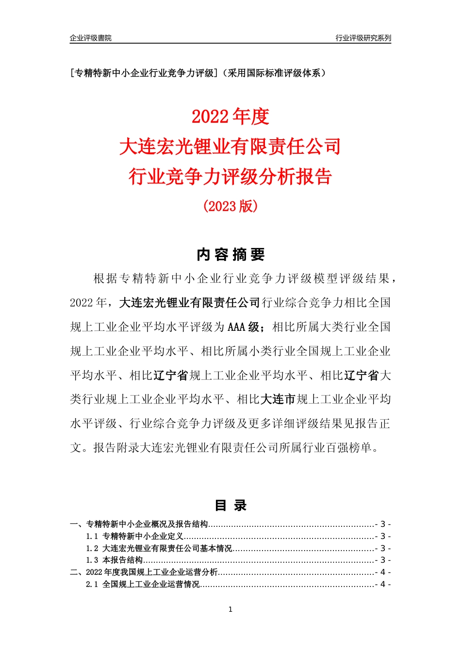 [专精特新]大连宏光锂业有限责任公司行业竞争力评级分析报告(2023版)_第1页