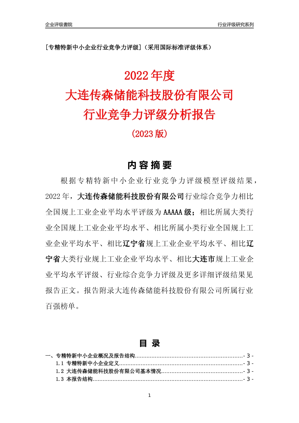 [专精特新]大连传森储能科技股份有限公司行业竞争力评级分析报告(2023版)_第1页