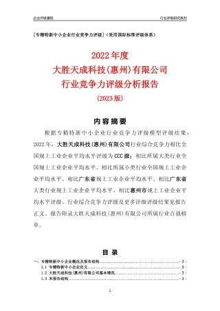 [专精特新]大胜天成科技(惠州)有限公司行业竞争力评级分析报告(2023版)