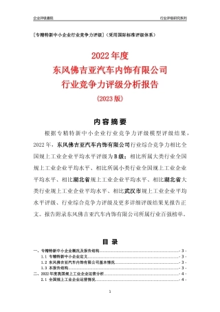 [专精特新]东风佛吉亚汽车内饰有限公司行业竞争力评级分析报告(2023版)