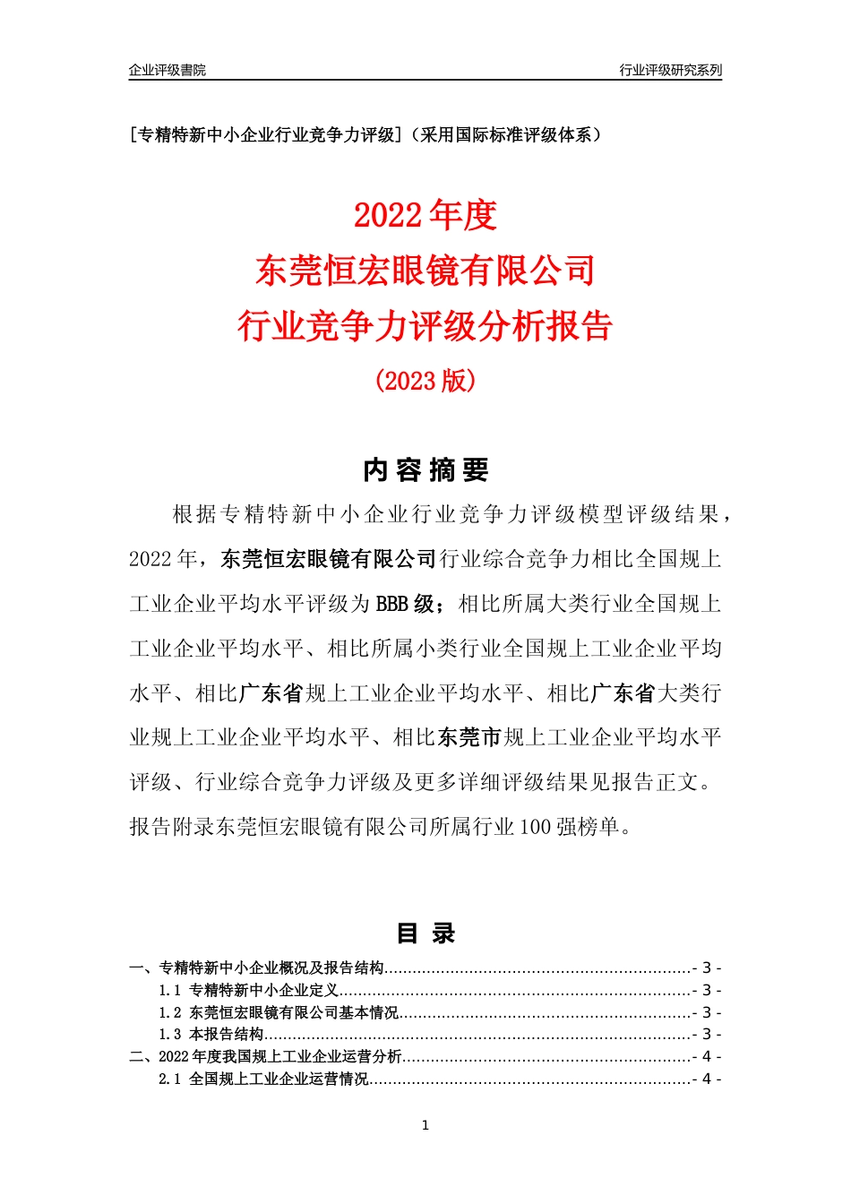 [专精特新]东莞恒宏眼镜有限公司行业竞争力评级分析报告(2023版)_第1页