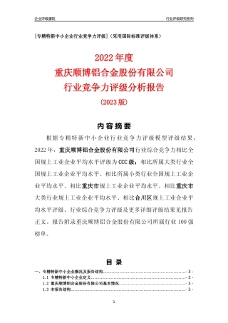 [专精特新]重庆顺博铝合金股份有限公司行业竞争力评级分析报告(2023版)