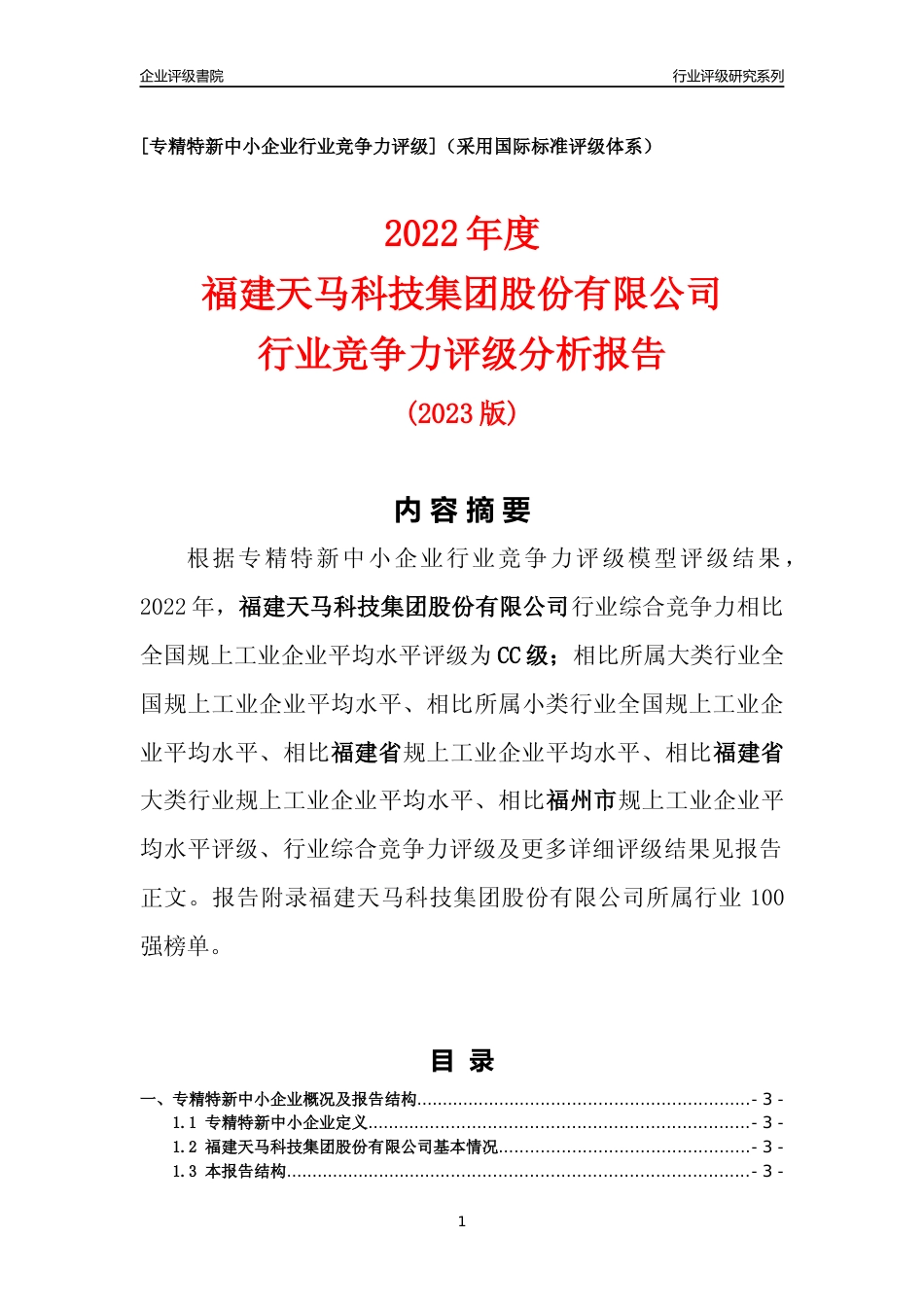 [专精特新]福建天马科技集团股份有限公司行业竞争力评级分析报告(2023版)_第1页