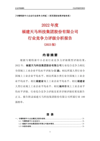 [专精特新]福建天马科技集团股份有限公司行业竞争力评级分析报告(2023版)