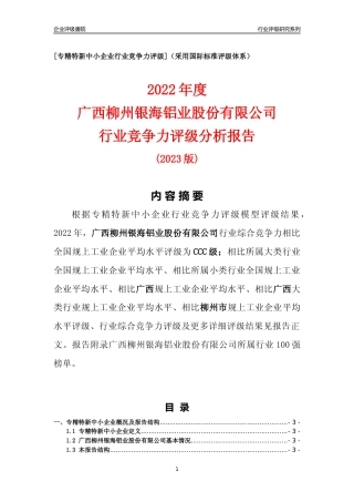 [专精特新]广西柳州银海铝业股份有限公司行业竞争力评级分析报告(2023版)