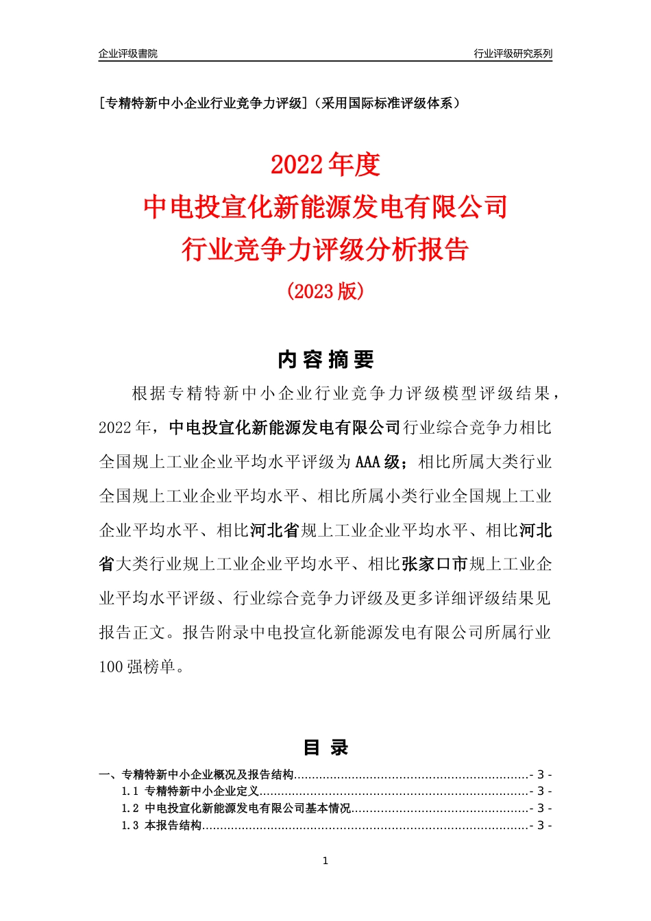 [专精特新]中电投宣化新能源发电有限公司行业竞争力评级分析报告(2023版)_第1页