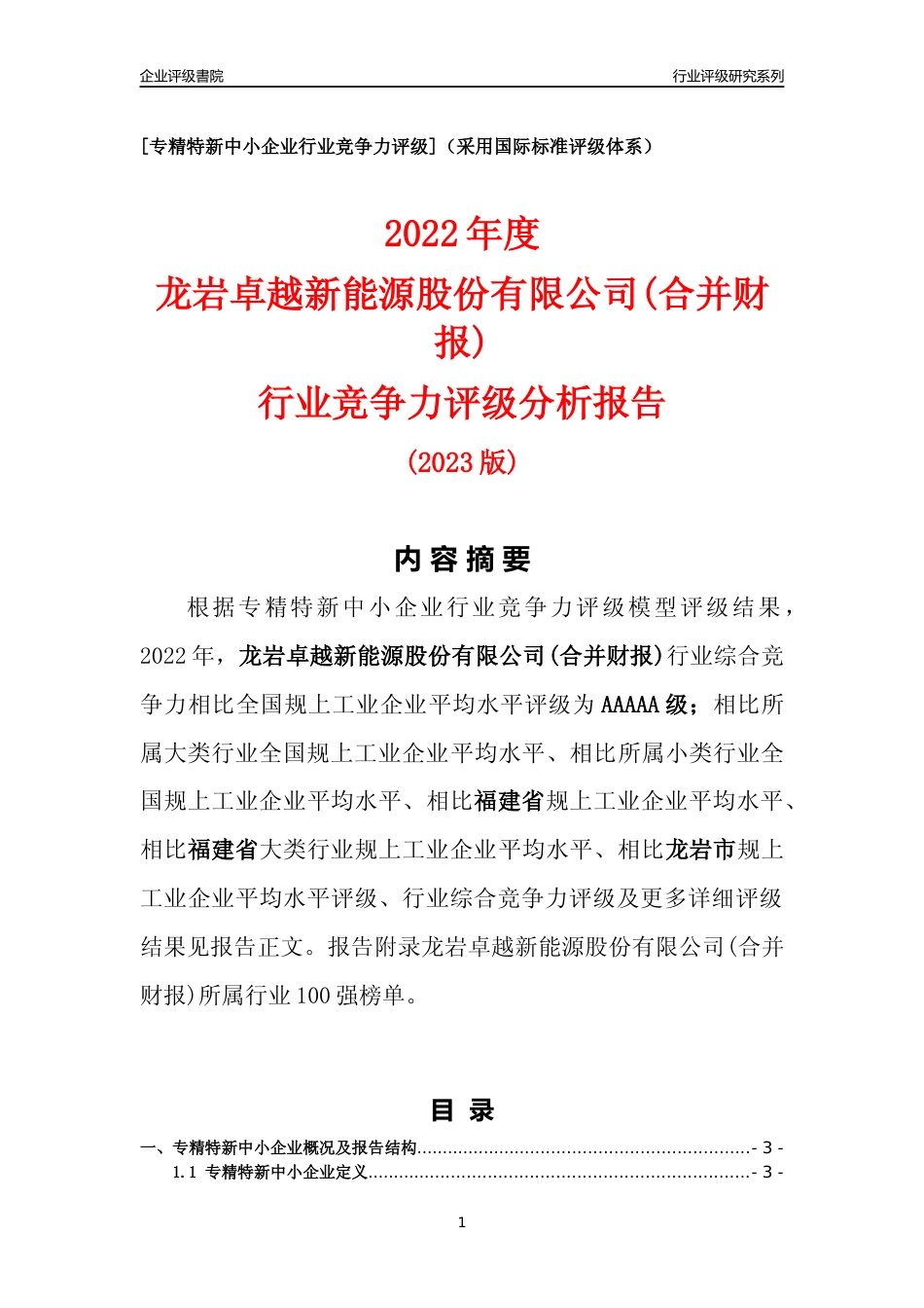 [专精特新]龙岩卓越新能源股份有限公司(合并财报)行业竞争力评级分析报告(2023版)_第1页