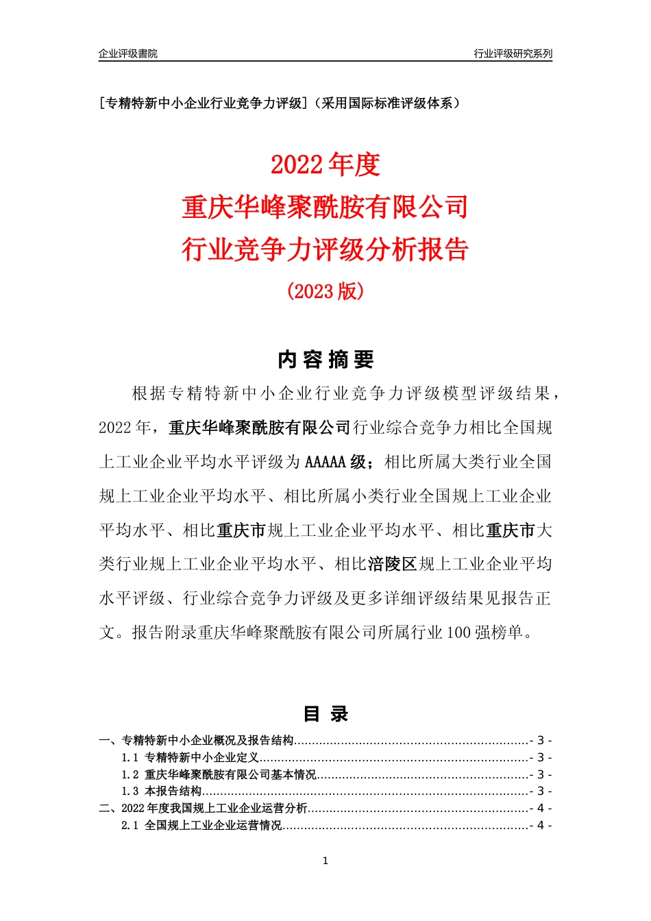 [专精特新]重庆华峰聚酰胺有限公司行业竞争力评级分析报告(2023版)_第1页