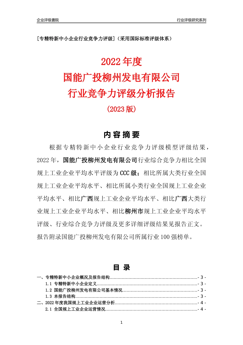 [专精特新]国能广投柳州发电有限公司行业竞争力评级分析报告(2023版)_第1页