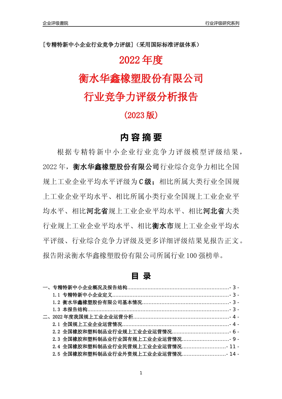 [专精特新]衡水华鑫橡塑股份有限公司行业竞争力评级分析报告(2023版)_第1页