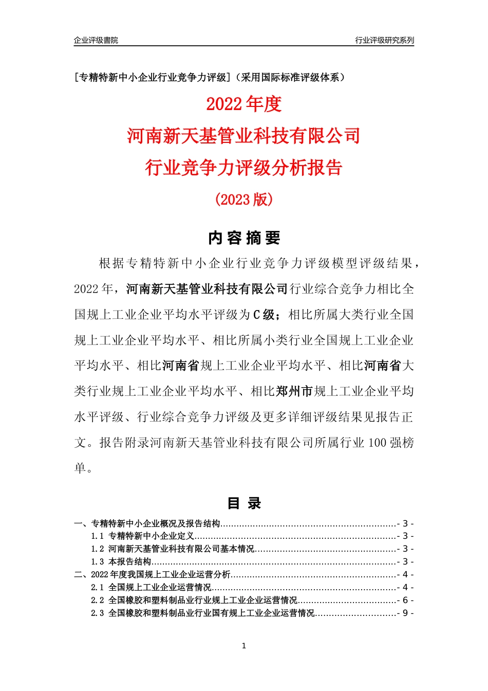[专精特新]河南新天基管业科技有限公司行业竞争力评级分析报告(2023版)_第1页