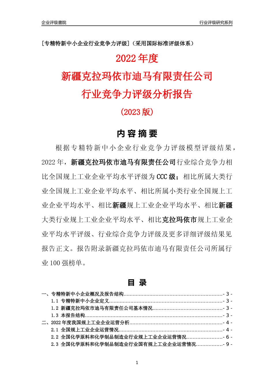 [专精特新]新疆克拉玛依市迪马有限责任公司行业竞争力评级分析报告(2023版)_第1页