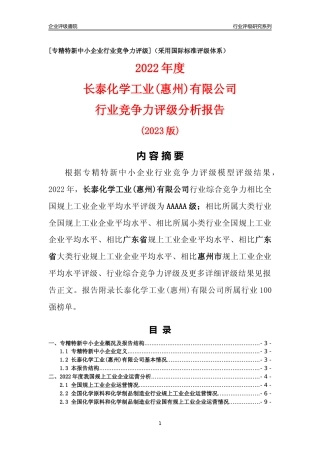 [专精特新]长泰化学工业(惠州)有限公司行业竞争力评级分析报告(2023版)