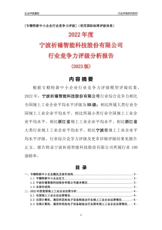 [专精特新]宁波祈禧智能科技股份有限公司行业竞争力评级分析报告(2023版)