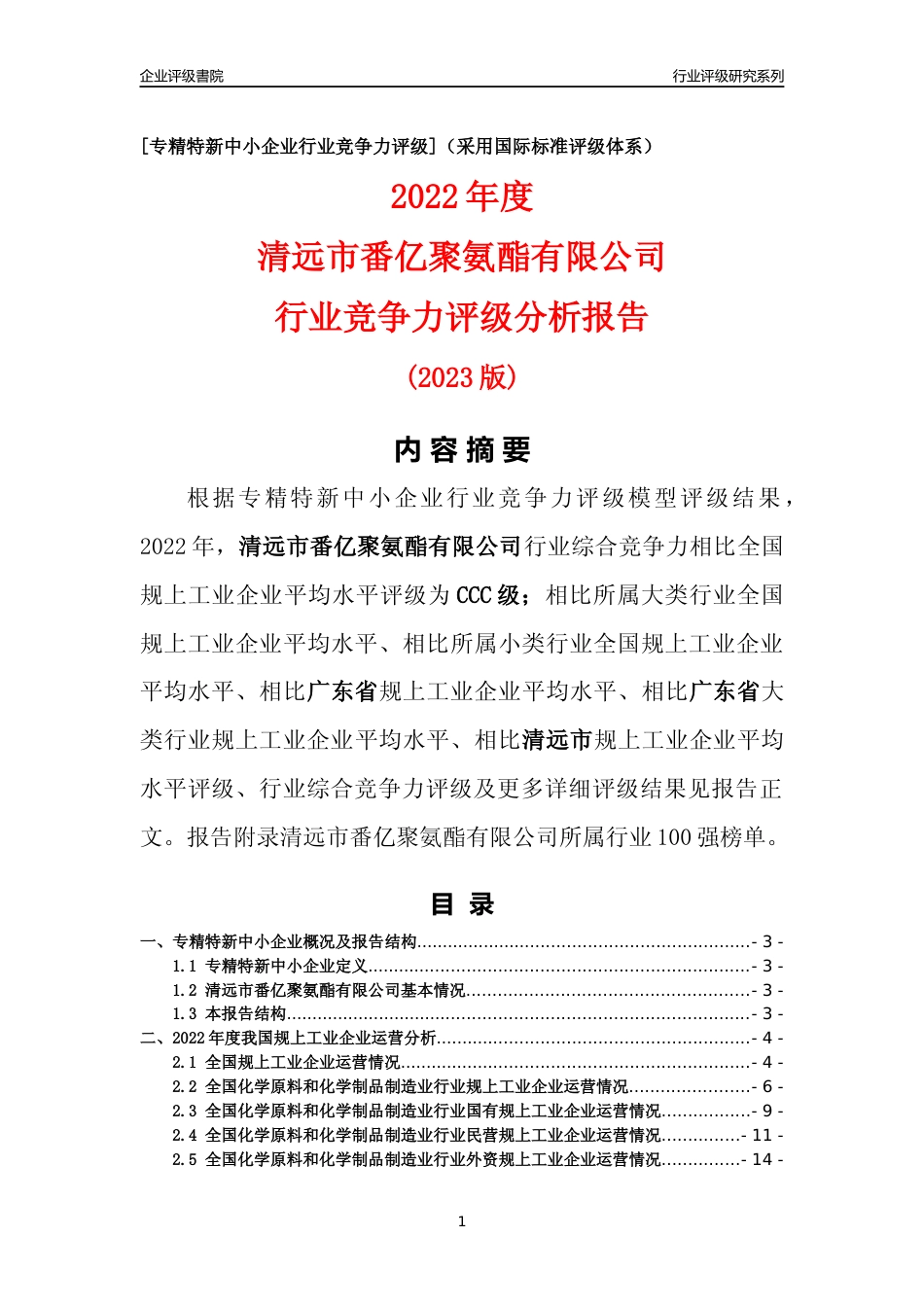 [专精特新]清远市番亿聚氨酯有限公司行业竞争力评级分析报告(2023版)_第1页