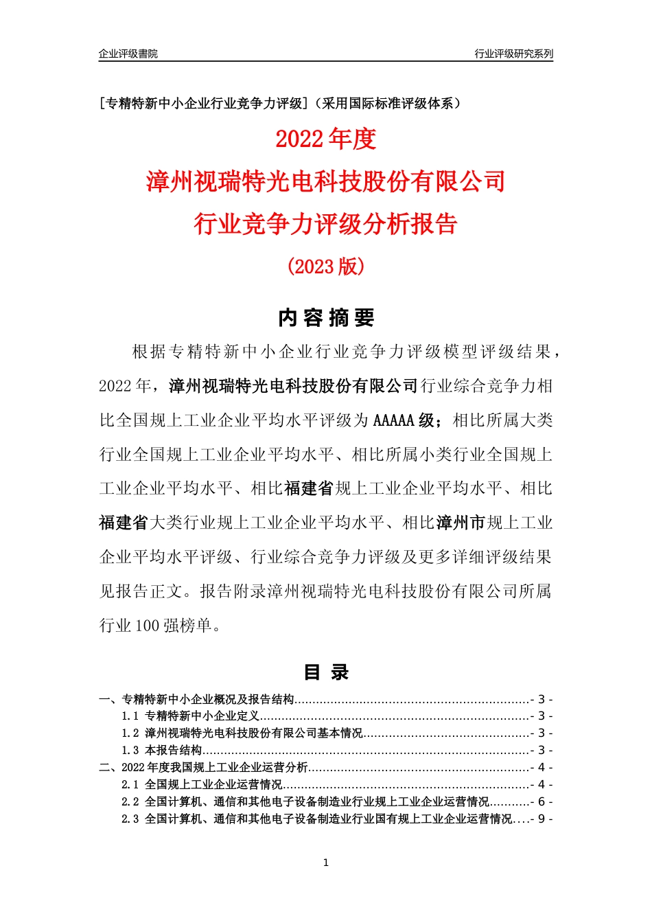 [专精特新]漳州视瑞特光电科技股份有限公司行业竞争力评级分析报告(2023版)_第1页