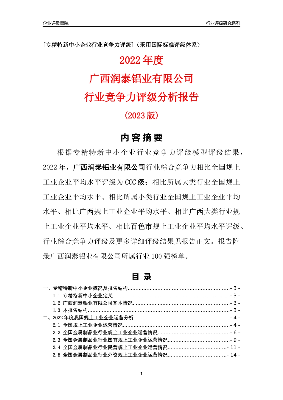 [专精特新]广西润泰铝业有限公司行业竞争力评级分析报告(2023版)_第1页