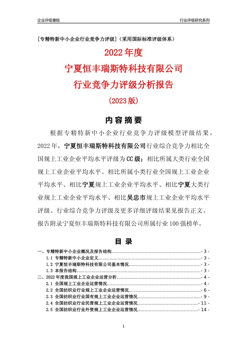 [专精特新]宁夏恒丰瑞斯特科技有限公司行业竞争力评级分析报告(2023版)_第1页