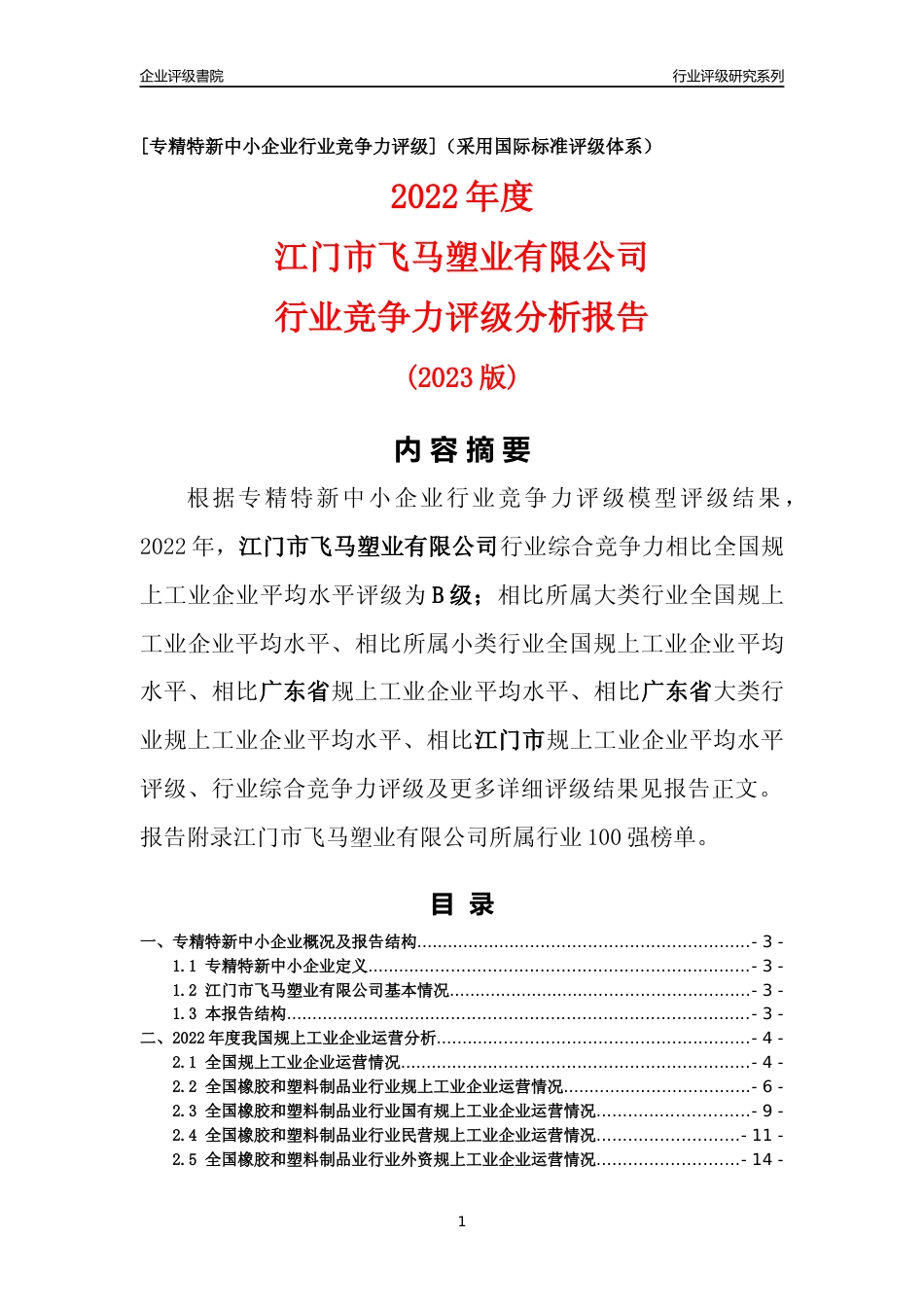 [专精特新]江门市飞马塑业有限公司行业竞争力评级分析报告(2023版)_第1页