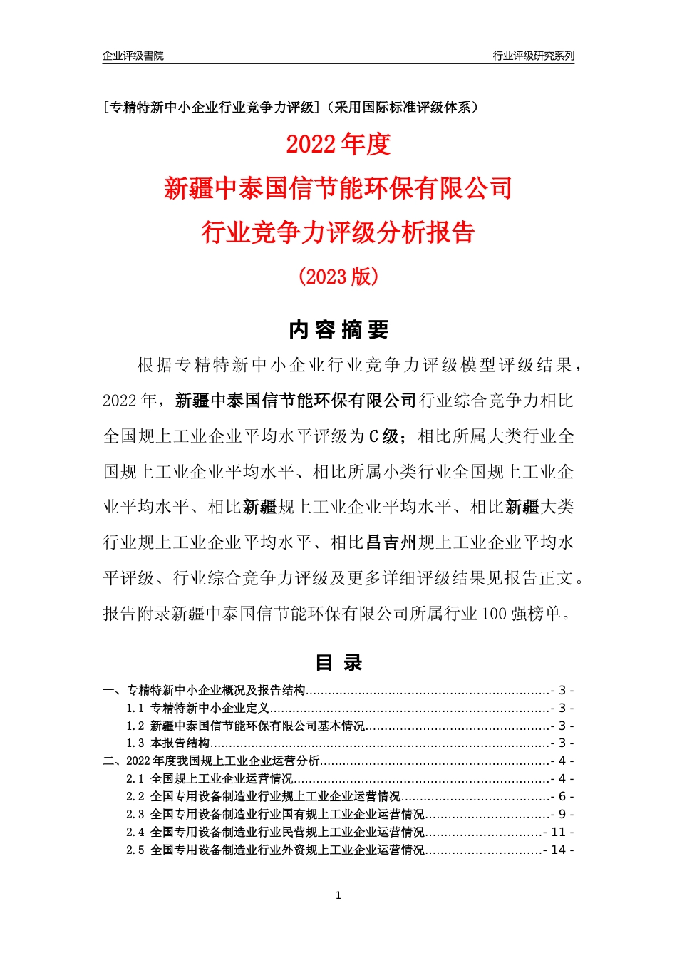 [专精特新]新疆中泰国信节能环保有限公司行业竞争力评级分析报告(2023版)_第1页