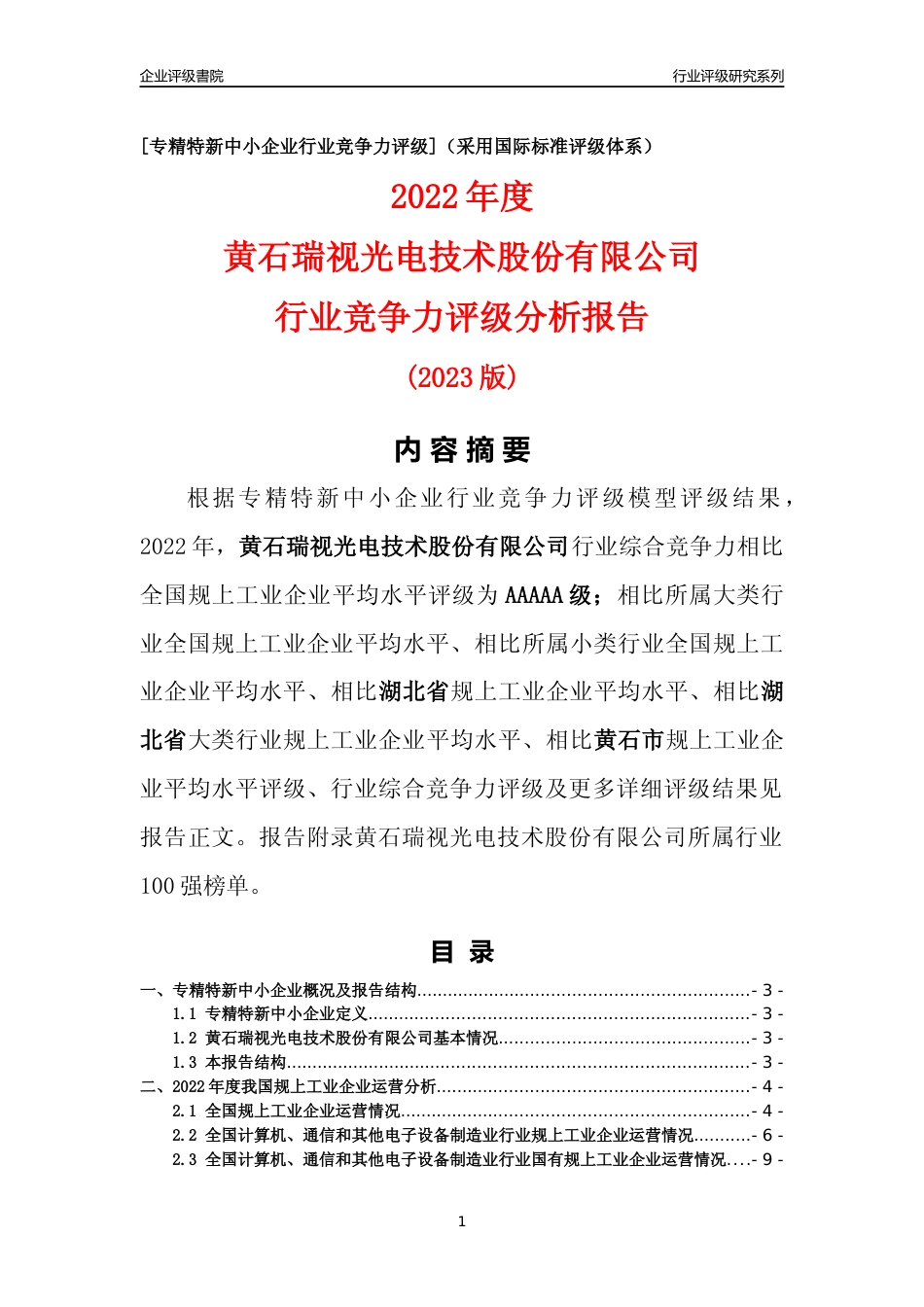 [专精特新]黄石瑞视光电技术股份有限公司行业竞争力评级分析报告(2023版)_第1页