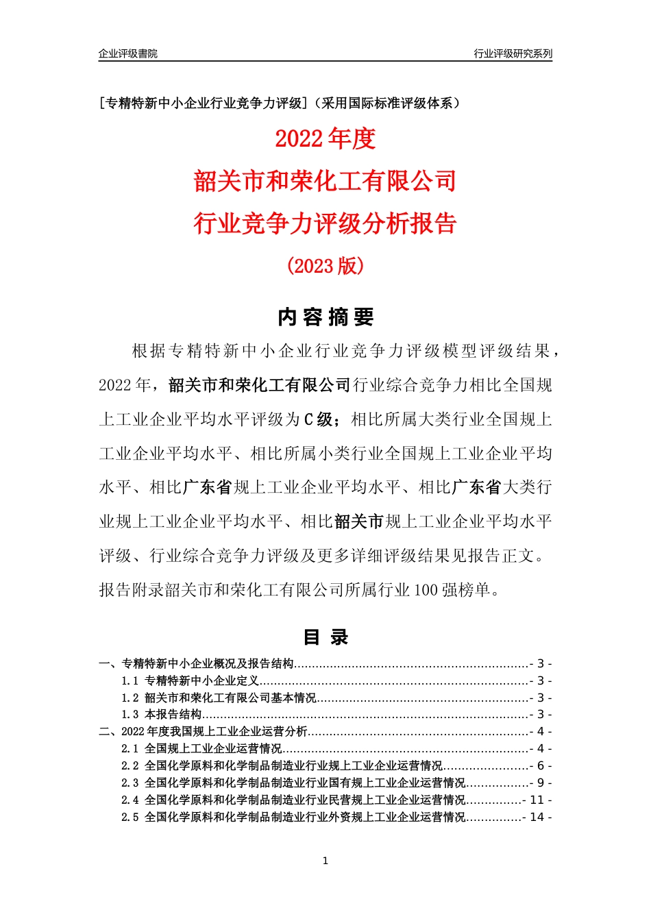[专精特新]韶关市和荣化工有限公司行业竞争力评级分析报告(2023版)_第1页