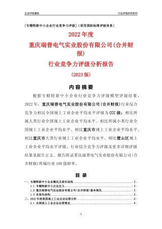 [专精特新]重庆瑞普电气实业股份有限公司(合并财报)行业竞争力评级分析报告(2023版)