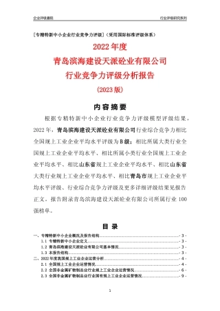 [专精特新]青岛滨海建设天派砼业有限公司行业竞争力评级分析报告(2023版)