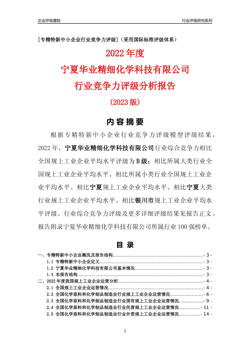 [专精特新]宁夏华业精细化学科技有限公司行业竞争力评级分析报告(2023版)_第1页