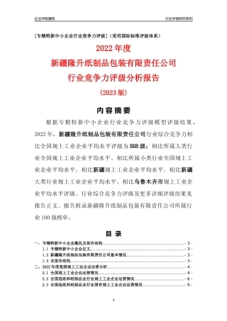 [专精特新]新疆隆升纸制品包装有限责任公司行业竞争力评级分析报告(2023版)